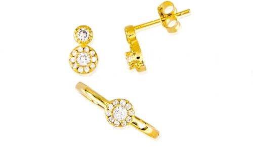 MINOPLATA Juego Pendientes con Anillo ajustable de Plata de ley chapada en Oro y Circonitas