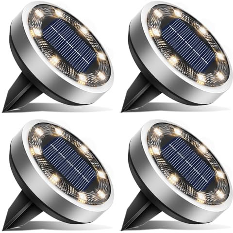 btfarm 4 Paquetes Luces Solares LED Exterior Jardin Suelo, 8 LED Lamparas Solares Exterior de Tierra, IP65 Impermeable Luz Solar Suelo para Jardín, Camino, Césped, Patio (Blanco Cálido)
