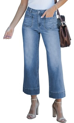 luvamia Wide Leg Jeans for Women Trendy High Waisted Flare Jeans Cropped Denim Pants Stretchy Baggy with Patch Pockets Jeans for Women Trendy Business Casual Clothes for Women Blue Tides Size 10