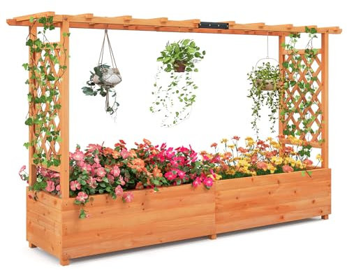 RELAX4LIFE Pflanzkasten mit Rankgitter & Dachregal, Blumenkasten mit Gartenspalier für Kletterpflanzen & Korbpflanzen, Rankkasten Holz, Blumenbeet für Balkon Terrasse (200 x 44 x 114 cm, Orange)