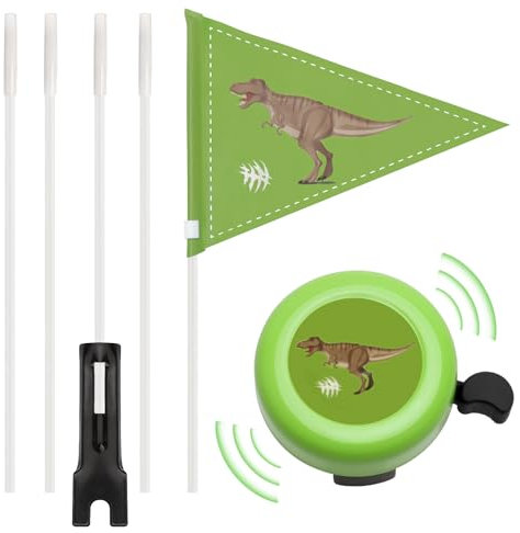 2 Stück Fahrradwimpel Kinder Dino Fahrradklingel Grün Fahrradfahne Sicherheitswimpel 150cm Fahrradglocke Laut Radglocke Fahrrad Zubehör für Kinderfahrrad Mountainbike