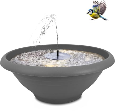Fontaine solaire d'extérieur avec bac, XL, 50 cm, bac décoratif et fontaine flottante solaire comme jeu d'eau d'extérieur, abreuvoir de balcon, lieu de bain de jardin pour oiseaux, grise