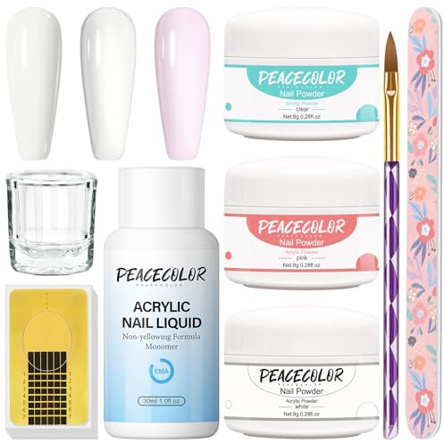 PEACECOLOR Acrilico per Unghie Set 3 Colori in Polvere Acrilica Trasparente Rosa Bianco per Unghie Ricostruzione Set per Manicure Pedicure Unghia Builder
