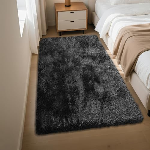 Fluffy Rug Shag Area Rug, Black 3x5 Area Rugs for Bedroom, Small Bedside Rug, Soft Fluffy Shag Entryway Throw Rugs for Living Room Bedroom Kids Room Home Decor