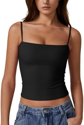 QINSEN Basic Cami Tank Top for Women Spaghetti Straps Sleeveless Double Lined Fashion T Shirt Tops Black L