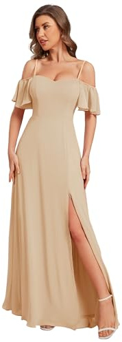 Ever-Pretty Abiti da Damigella d'Onore Lunghi in Chiffon con dalla Spalla in Stile Impero a Maniche Corte da Donna con Spacco Laterale Champagne 42