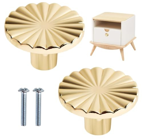 OnrySxn Gold Drawer Knobs, Brushed Brass Round Cabinet Handle, Solid Cupboard Knob Hardware Replacement for Door Wardrobe Dresser Kitchen Furniture (2 Pack, 36mm Diameter)