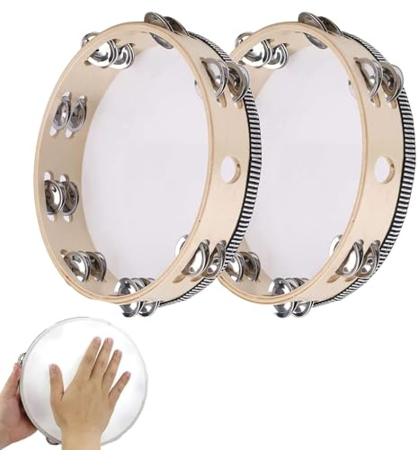 WPNCYK 2 Pack Wooden Tambourine, 4 Inch Hand Held Drum with Jingle Bells, Percussion Musical Instrument for Kids, Ideal for Church, Parties, and Gifts