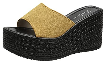 Modische Damen-Slipper, einfarbig, Stoffgürtel, lässig, abgeschrägter Absatz, strapazierfähig, für Damen, Gelb 8, 39.5 EU