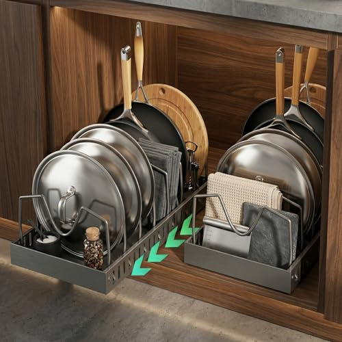 KEXIBO 2 Piezas Organizador Cocina Ollas y Sartenes, Deslizante Organizador Tapas Ollas con 8 Compartimentos Ajustable，Organizador Sartenes y Ollas Cajon，Soporte Sartenes，Negro