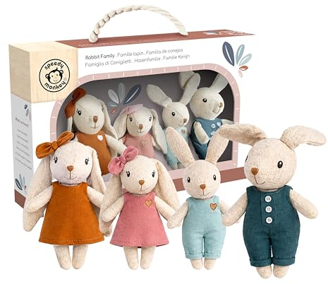 SPEEDY MONKEY Rabbit Family Set – Miniature Bunny Figures with Parents & 2 Baby Rabbits – Pretend Play Doll House Family for Kids, Toddlers, Girls – Cute Dollhouse Decor Toy