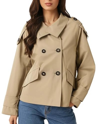 Foweknow Gabardina corta para mujer Abrigo corto cruzado clásico otoño primavera chaqueta de entretiempo elegante con botones y bolsillos cortavientos cortavientos, caqui, M