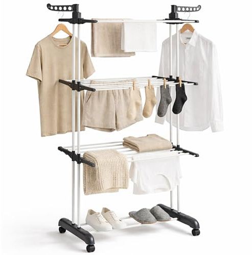 edihome, Tendedero Vertical, Plegable, 4 Niveles con Alas Laterales, Estructura Metálica Resistente, 35 kg Capacidad, con Ruedas, Ahorra Espacio, Interior y Exterior (Gris/Blanco)