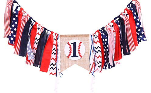 Baseball Banner for 1st Birthday - First Birthday Decorations for Baseball Rag Tie Fabric Garland, Photo Booth Props Red White Blue, Souvenir and Gifts for Boy