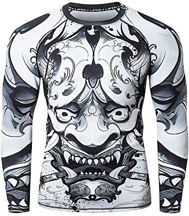LAFROI Maglia a Compressione a Maniche Lunghe UPF 50+ a Compressione a Strato Base di Protezione Rash Guard-CLY08, Hannya, LG
