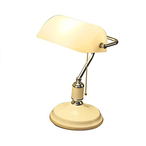 Traditionell Bankerlampe Tischleuchte Mit Zugschalter, Antik Stil Schreibtischlampe Weiß Nachttischlampe Einstellbar Glas Schirm Wohnzimmer Leselampe Bürolampe Tischlampe Studie Raumbeleuchtung