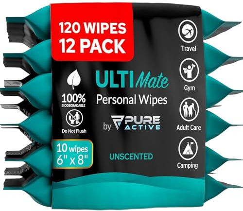 Ultimate Shower Travel Body and Face Wipes 120 Wipes 6''x8'', Biodegradable Personal Hygiene Body Cleansing Wipes for Men for After Gym Travel Camping Adult Bathing Wipes,Unscented