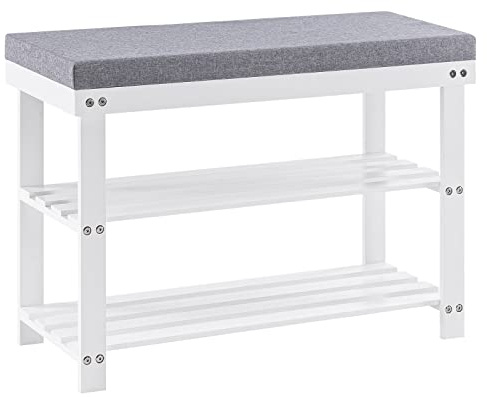 APICIZON Bambus Schuhbank, Schuhregal mit 3 Ebenen, 70×28×50cm, Schuhschrank mit Gepolstertem Sitz für Porch, Wohnzimmer, Schlafzimmer, Badezimmer, Weiss