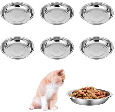 Cat Bowls Whisker Friendly, Shallow Wide Flat Cat Food Bowls 304 Stainless Steel,Metal Cat Dishes Whisker Fatigue Relief,5.5inch Basic Cat Plates for Elevated Stand,Dishwasher Safe (6PCS)