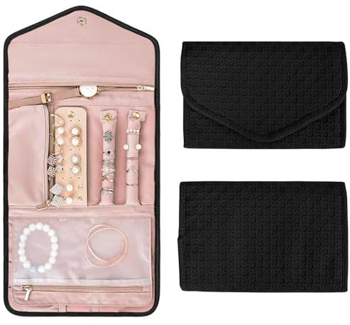 KYSUN Leather Jewelry Organizer Roll Bag, Portable Travel Jewel Storage, Waterproof Large Jewellery Bag for Necklace, Bracelets, Earrings - Gift for Girls Women, Black