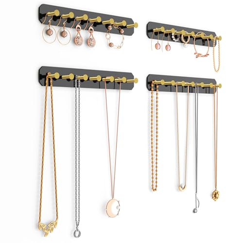 NiHome 4-Pack Wall Mount Acrylic Jewelry Storage for Necklaces, Bracelets, Earrings, Accessories, Easy Installation for Vanity, Bathroom, Kitchen (Black)