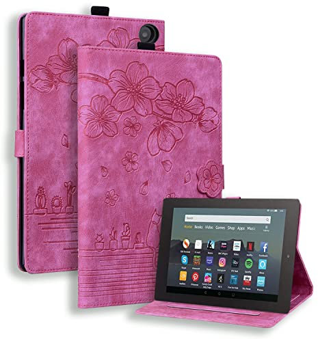 TEDTIKJT Tablet Cover per Amazon Fire HD 8 (10th/12th Gen 2020/2022/2024) 8 Pollici Custodia PU Pelle Libro con Supporto Funzione Protettiva Magnetica Tablet Cover,Gatto Sakura Rosa