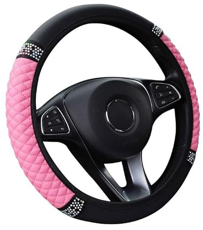 Flaconi Couvre Volant Voiture,Accessoire Voiture Interieur,Housse De Volant De Voitures sans Anneau Intérieur en Cuir Brodé,Convient aux Volants de Taille Moyenne d'un Diamètre de 14,5 à 15(Rose)