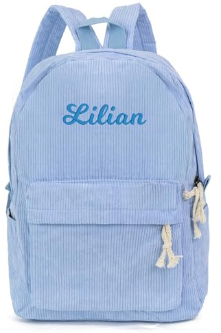MT WORLD Kids Corduroy Backpack Personalized Toddler Backpacks for Boys Girls - Custom Light Blue Toddler Bookbag with Embroidered Name - Infant Daycare Bag for School Travel - Fit for Folder