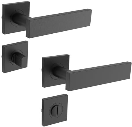 Ensemble de poignées de porte de WC - Avec kit carré - Pour porte de salle de bain - Noir mat - Norme DIN (WC carré/salle de bain)