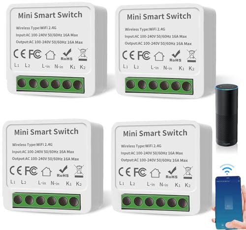 4 piezas de módulos de interruptor de luz inteligente de 1 vía, doble control, mini interruptor wifi DIY encaja detrás del interruptor de pared, módulo compatible con la aplicación Tuya, Alexa y