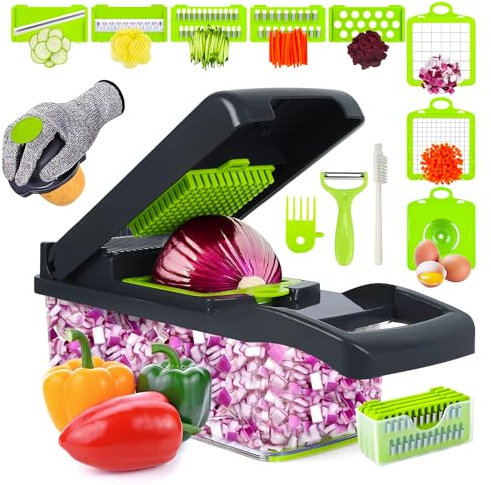 Dadajipo 18-in-1 Vegetable Chopper, Multifunctional Mandoline Slicer with 7 Stainless Steel Blades, Food Cutter with Peeler,Cleaning Brush,Mitten,Black & Green, Perfect for Cutting Vegetables & Fruits