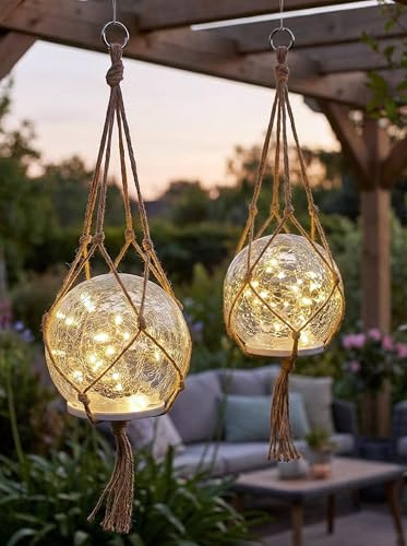 Lampada a sospensione solare e lampada da tavolo, set di 2 lampade solari per esterni, 15 cm, stile bohémien, con vetro di alta qualità con rete di iuta, decorazione da giardino, bianco caldo