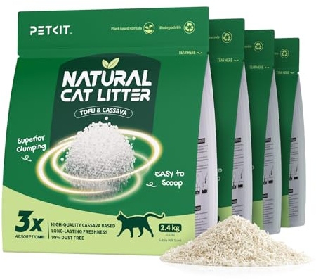 PETKIT Nytt Tofu Kattströ, 9.6kg, Klumpade Kattströ, Tapioka Kattströ, 100% Naturligt, Superabsorberande, Dammfri Luktkontroll, Spolbar, 2,4 kg, 4 Påsar