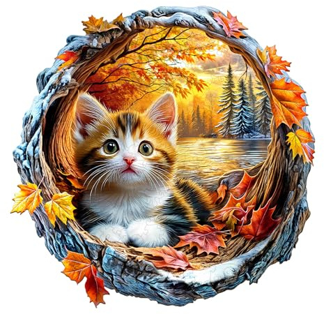 Puzzle in legno per adulti Gatto in autunno - 190 pezzi puzzle in legno in scatola regalo, decorazione murale e regalo per amici e familiari (14 anni+)