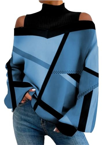 Haut à épaules dénudées pour femme - Manches longues - Col roulé - Bloc de couleurs - Élégant - T-shirt à manches longues - Col roulé - Décontracté - Coupe ample - Chemise confortable, bleu, XL