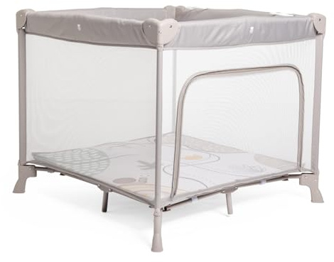 Chicco Open Box Square para bebés y niños pequeños desde el nacimiento hasta los 15 kg, plegable y compacto, con alfombrilla de juego, ventanas de malla, 4 asas y bolsa de viaje, gris