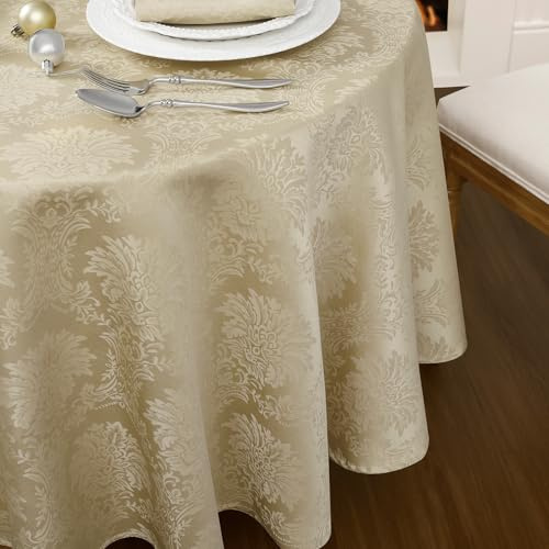 Romanstile Bordsduk beige rund 200 cm utomhus fläckbeständig vattenavvisande elegant jacquard blommönster stor lämplig för påsk, vår, firande, brunch, matsal och trädgård