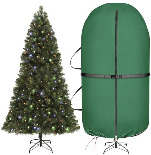 Upright Christmas Tree Storage Bag with Adjustable Straps, Christmas Tree Cover with Zipper Drawstring for 7.5 Foot Artificial Tree Standing with Ornaments, Dustproof, Green