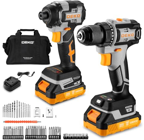 DEKOPRO 20V Cordless Drill and Impact Driver Set – 2x2.0Ah Batteries, 2.2A Rapid Charger, 42-Piece Screwdriver Bits, 9-Piece Sockets, Storage Bag, Yellow-Grey