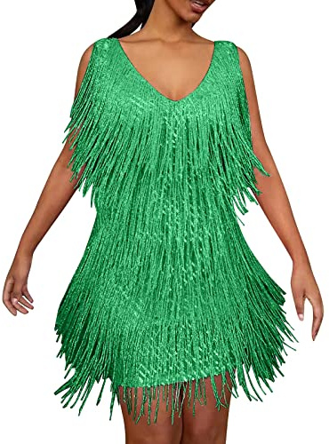 Vestido corto de baile con flecos y lentejuelas para mujer, sin mangas, cuello en V, para graduación, carnaval, club, fiesta, baile latino, vestido corto