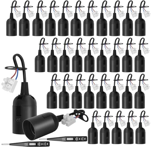35 Piezas Casquillos E27 Portalamparas+2 Probador de voltaje,Portalámparas de Recambio E27 Reformas con Cable Portalámparas para Obras con Cable