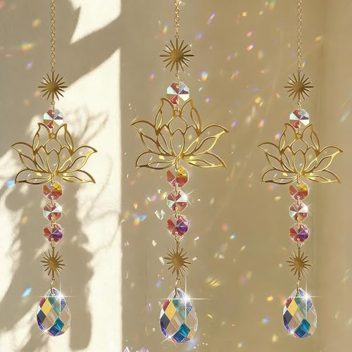 Acchiappasole in Cristallo,3 Pezzi Crystal Suncatcher,Appendere Vetro Acchiappa Sole,Fiore di Loto,Pendenti Prismi Cristallo,Pendenti Suncatcher Decorazione,per Giardino,Casa,Interno ed Esterno