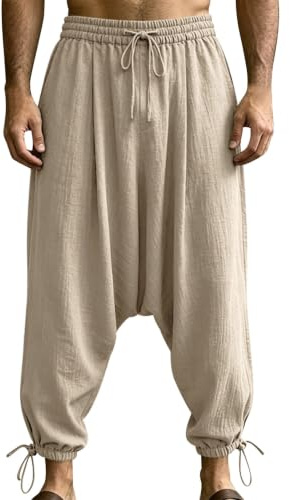 Herr linne harem joggingbyxor, herr strandbyxor lös passform | Bred passform yoga träningsbyxa för män, säckig lättvikts joggingbyxor, fuktabsorberande träningsbyxor för kustmiddag