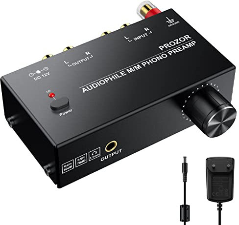 PROZOR Vorverstärker für Plattenspieler Audiophiler M/M Phono Vorverstärker mit Niveau Kontrollen RCA Eingang & Ausgang Schnittstellen inkl. 12V 1A Netzadapter -Schwarz