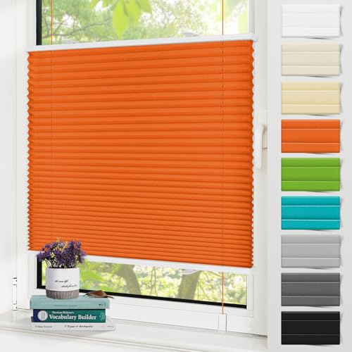 Zarnan Plissee Klemmfix ohne Bohren Orange 75x130cm(BXH) UV-Schutz Fenster Plissee innen Plisseerollos ohne Bohren Faltrollo mit Klemmträger easyfix Jalousie Sichtschutz und Sonnenschutz