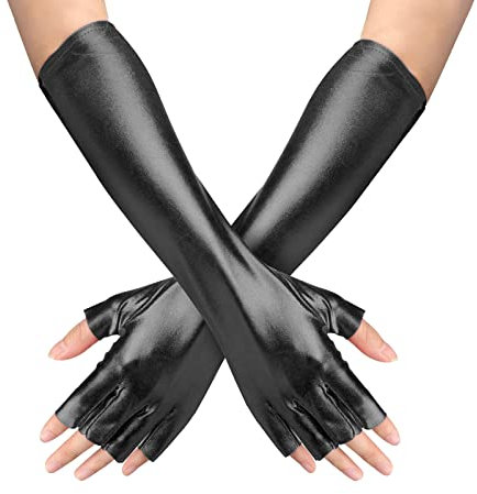 Halloween PU Leder Halbfinger-Handschuhe Damen Ellenbogen Handschuhe Party Kostüm Handschuhe Outfit Accessoire Lange Abendhandschuhe Sexy Frauen Hochzeit Abschlussball Abendkleid Oper Handschuhe