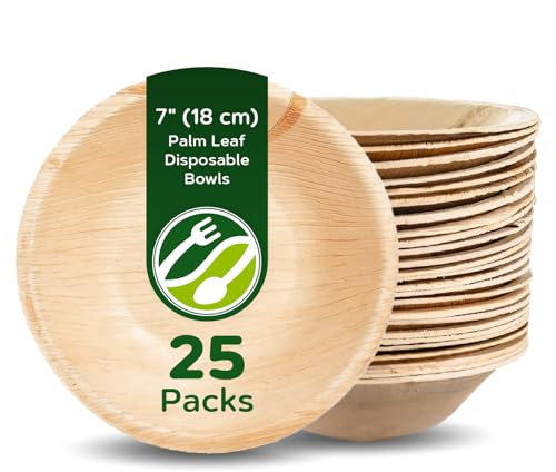 ECO Leaf 25 Disposable Palm Leaf Bowls |7”(18cm) Round Compostable Dinner Bowls | Eco-Friendly, Biodegradable Heavy-Duty Bowl for Wedding, Party and Picnic | Microwave & Oven Safe, Pack of 25