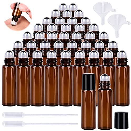 Vegena 40 stycken eteriska oljor rullflaskor, glasrullningsflaskor, roll-on flaska tom 5 ml med rostfria rullbollar, påfyllningsbar roll-on glasflaskor små för eterisk olja aromaterapi parfym massage