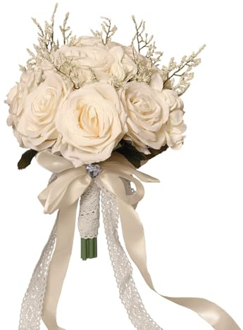 LEIFENY Wedding Bouquets for Bride, Champagne White Bridal Bridesmaid Wedding Flowers, Artificial Toss Rose for Civil Ceremony (Hollow Lace Ribbon Handle)