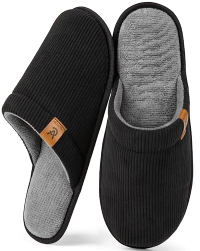 VeraCosy Men's Corduroy Scuff Slippers Soft Comfy Memory Foam Non-slip Indoor House Shoes Carbon Black, 9-10 US